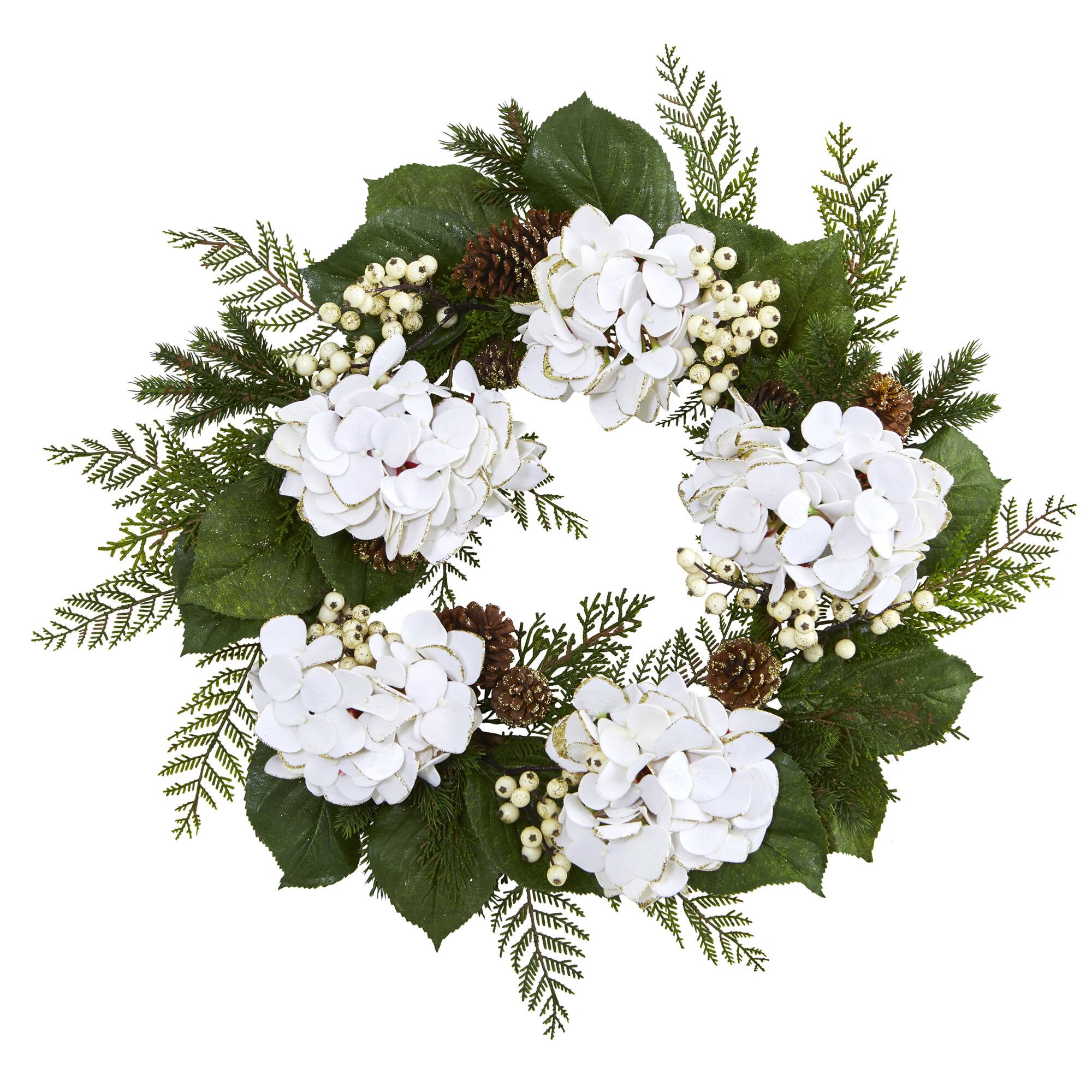 24" Gold Trimmed White Hydrangea & Berry Wreath